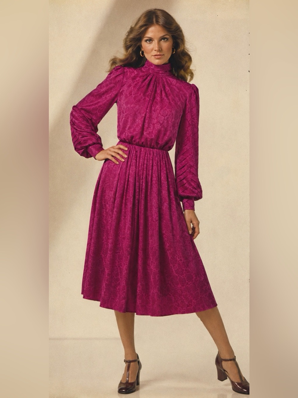 Vintage 70s Richard Warren for‎ Saks Pink Jacquard Midi Dress USA ILGWU Size 10